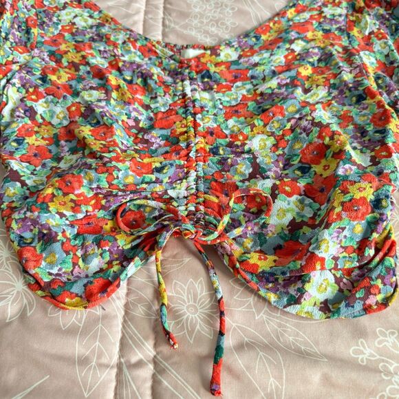 Floral Print Blouse With Drawstring Long Balloon Sleeves Size Large H&M - Picture 2 of 9